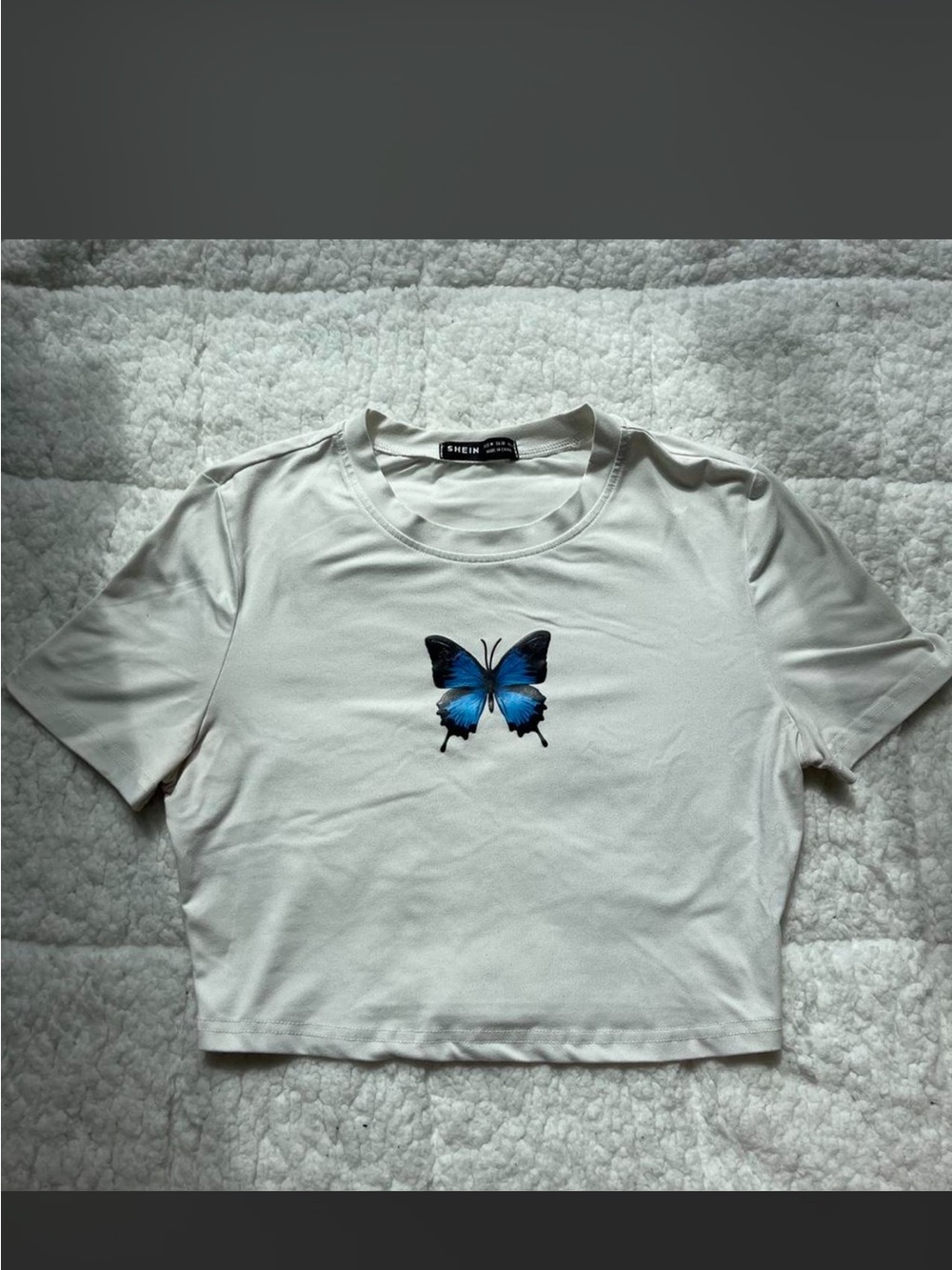 SHEIN White Cropped Tee with Blue Butterfly Motif